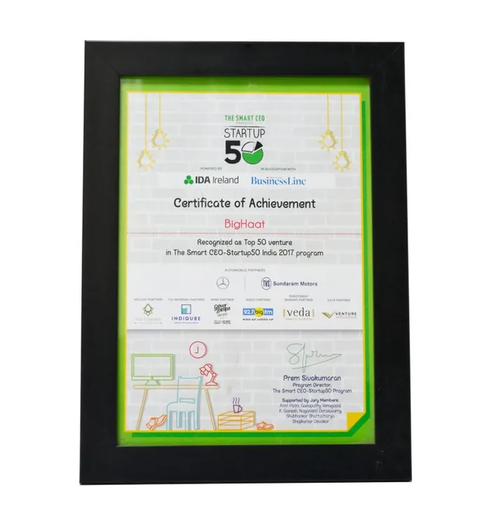 Smart CEO Startup50 India 2017 Certificate of Achievement