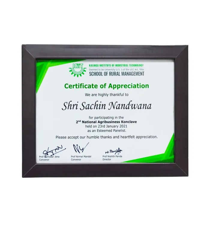 KIIT School of Rural Management Certificate of Appreciation, National Agribusiness Konclave 2021