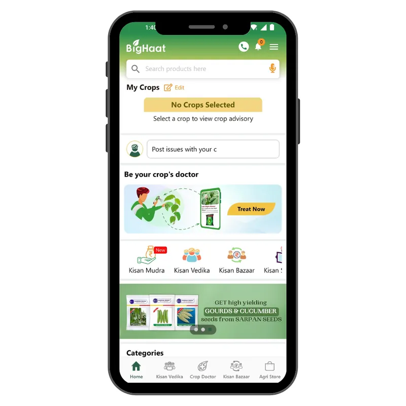 BigHaat mobile app home screen with crop doctor and agri store categories