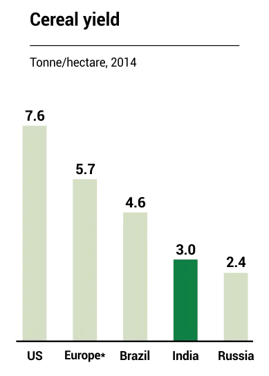 Cereal yield in tonnes per hectare, 2014: US 7.6, Europe 5.7, Brazil 4.6, India 3.0, Russia 2.4